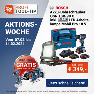Unser Power-Paket: Bosch Bohrschrauber, Schnellladegerät + drei ProCORE Akkus, verstaut in einer L-Boxx. Plus die Stroxx LED Lampe und Adapter warten auf dich.  Schnapp dir das Angebot bis zum 14.02. 
